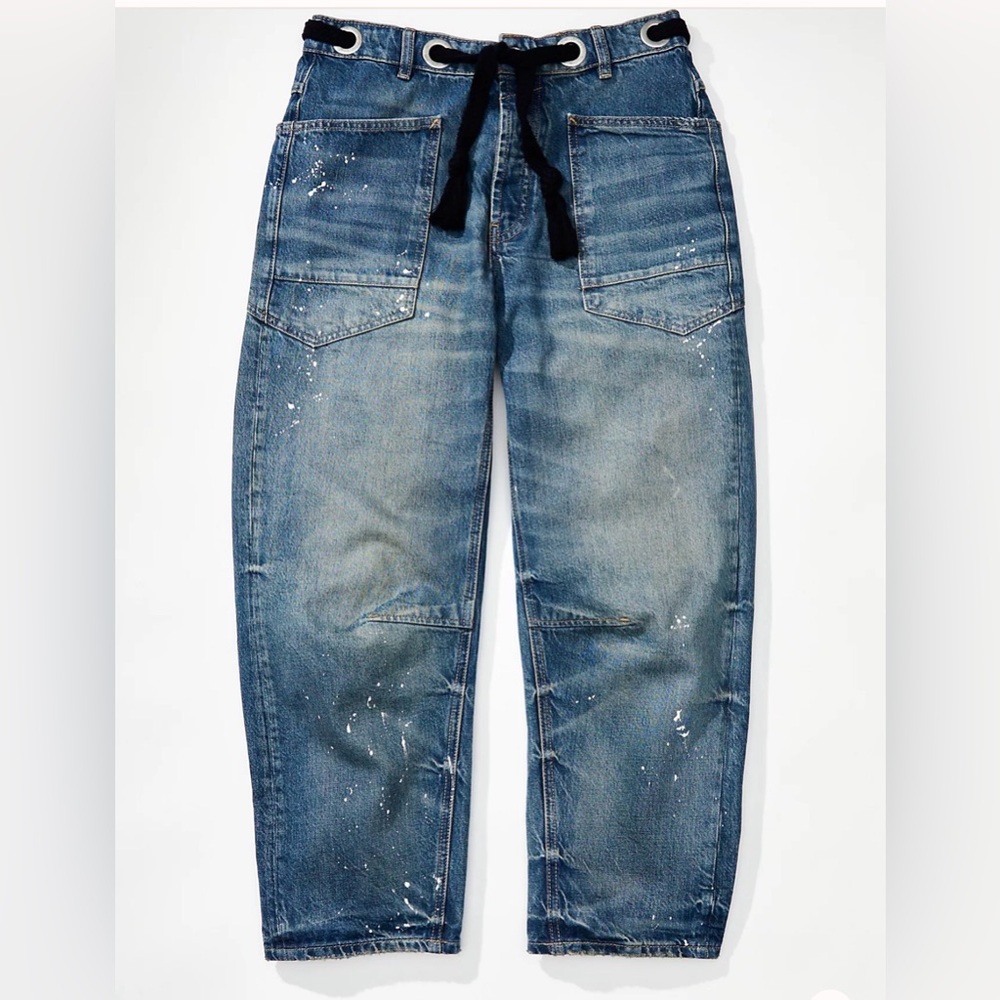 We The Free Distressed Blue Moxie Cropped Painter Jeans with Dark blu Drawstring